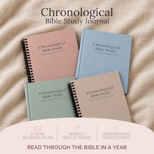 May include: Four Chronological Bible Study journals in pink, blue, sage green, and beige. Each cover features the text Chronological Bible Study and Read through the bible in a year. Two journals have black spiral bindings, while two have bound spines.