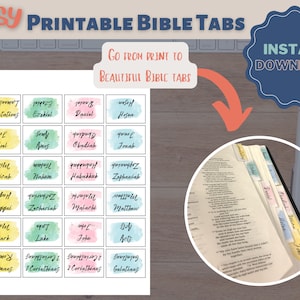 Printable Bible Tabs, Watercolor Bible tabs, Bible Study tools, Bible journaling, Instant Download, Books of the Bible Tabs
