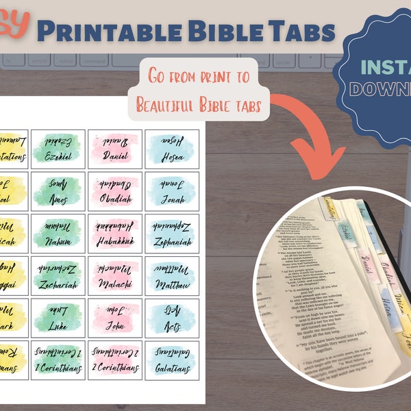 Printable Bible Tabs, Watercolor Bible tabs, Bible Study tools, Bible journaling, Instant Download, Books of the Bible Tabs