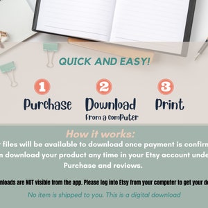 May include: A digital guide with the text "Quick and Easy!" and numbered steps: Purchase, Download from a computer, and Print. The guide explains how to access digital files after payment, and where to find them in your account.
