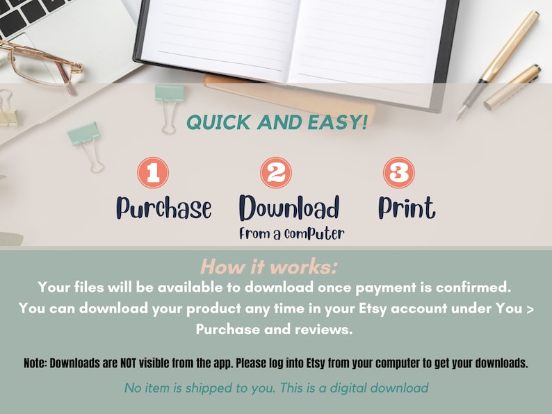 May include: A digital guide with the text "Quick and Easy!" and numbered steps: Purchase, Download from a computer, and Print. The guide explains how to access digital files after payment, and where to find them in your account.