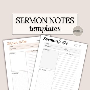 Sermon Notes Printable with bonus daily gratitude page. Boho and minimalist style templates for recording Scripture, sermon points, and reflections. A devotional guide and Christian gift idea for women or teens. Perfect for Sunday service notes, Bible study groups, or daily reflection. Printable PDF works with Goodnotes, Notability, and instant download.