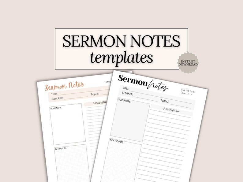 Sermon Notes Printable with bonus daily gratitude page. Boho and minimalist style templates for recording Scripture, sermon points, and reflections. A devotional guide and Christian gift idea for women or teens. Perfect for Sunday service notes, Bible study groups, or daily reflection. Printable PDF works with Goodnotes, Notability, and instant download.