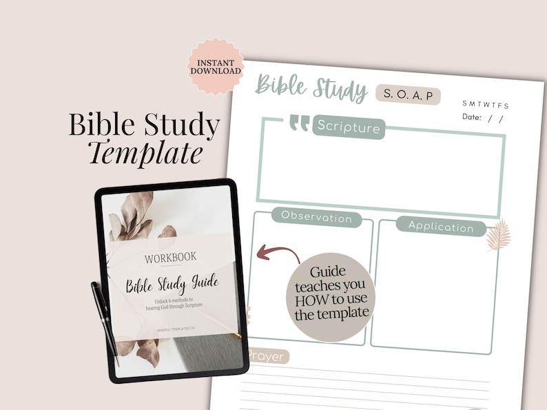 Bible Study Template Printable PDF for beginners and seasoned readers. Includes SOAP Bible Study Template, Verse Mapping, Thematic Bible Study, Topical Bible Study, Character Study, and Chapter Summary. A devotional guide and printable Christian resource for women and teens. Perfect faith gift idea, daily devotional notes, or scripture journal. Works with Goodnotes, Notability, and instant download.