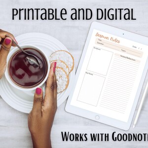 K&ouml;nnte beinhalten: Druckbare und digitale Predigtnotizen-Vorlage auf einem Tablet mit wei&szlig;em Hintergrund. Die Vorlage enth&auml;lt Abschnitte f&uuml;r Titel, Sprecher, Schrift, Thema, wichtige Punkte und Notizen/Reflexionen. Der Text "WORKS WITH GOODNOTES!" wird unter dem Tablet angezeigt.