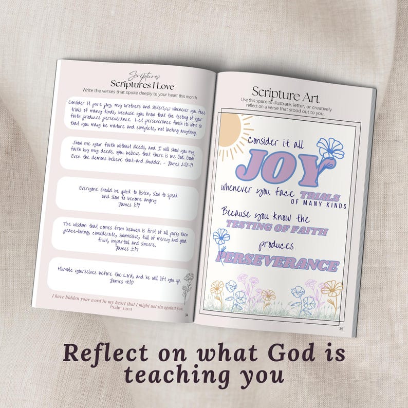 Monthly reflection spread from the Guided Bible Study Journal with simple prompts to help Christian women look back on their spiritual growth every 20 study pages. A thoughtful faith journal addition ideal for small group study, church ministry, and devotional routines. Encourages consistent reflection and deeper Scripture engagement.