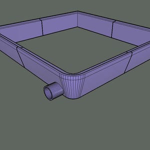 May include: A 3D rendering of a square, lavender-colored container with a rounded corner and a cylindrical outlet. The container has a flat bottom and angled sides. The background is a solid gray.