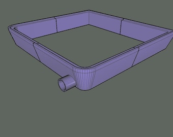 Könnte beinhalten: 3D-Rendering eines quadratischen, lavendelfarbenen Behälters mit abgerundeter Ecke und zylindrischem Auslass. Der Behälter hat einen flachen Boden und abgewinkelte Seiten. Der Hintergrund ist einfarbig grau.