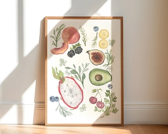 Fruit and Herbs Watercolor Illustration, Kitchen Wall Art, Fruit Painting for Kitchen, Summer Fruits Poster, Digital Download
