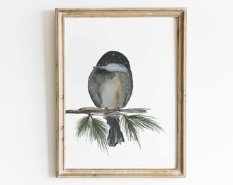 Snowy Chickadee Watercolor, Winter Bird Art Print, Holiday Decor, Chickadee on Pine Branch, Snowy Bird Painting