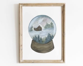 Schneekugel Aquarell, Winter Cabin Globe, Weihnachten Schneekugel, Schneekugel Druck, gemütliche Schneekugel Kunst