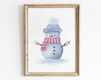 Blue Snowman Watercolor, Winter Snowman Art, Cute Snowman Painting, Snowman Illustration, Christmas Snowman