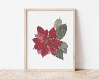 Poinsettia Watercolor Illustration,  Red Poinsettia Painting, Poinsettia Flower, Christmas Flower Art, Christmas Prints