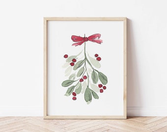 Mistletoe Watercolor Illustration, Mistletoe and Berries, Mistletoe Branch, Mistletoe Painting, Christmas Prints