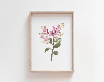 Honeysuckle Watercolor Art, June Birth Flower Print, Pink Honeysuckle Painting, Birth Month Gift, Digital Download