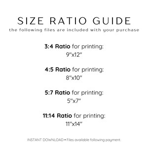 May include: A guide for printing sizes with different aspect ratios. The ratios are 3:4, 4:5, 5:7, and 11:14. The corresponding dimensions are 9 inches by 12 inches, 8 inches by 10 inches, 5 inches by 7 inches, and 11 inches by 14 inches.
