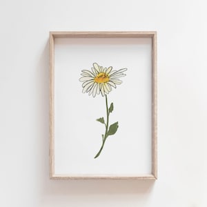 Pu&ograve; includere: Una stampa incorniciata di una margherita bianca con un centro giallo e uno stelo verde. La margherita &egrave; disegnata in uno stile semplice e minimalista.