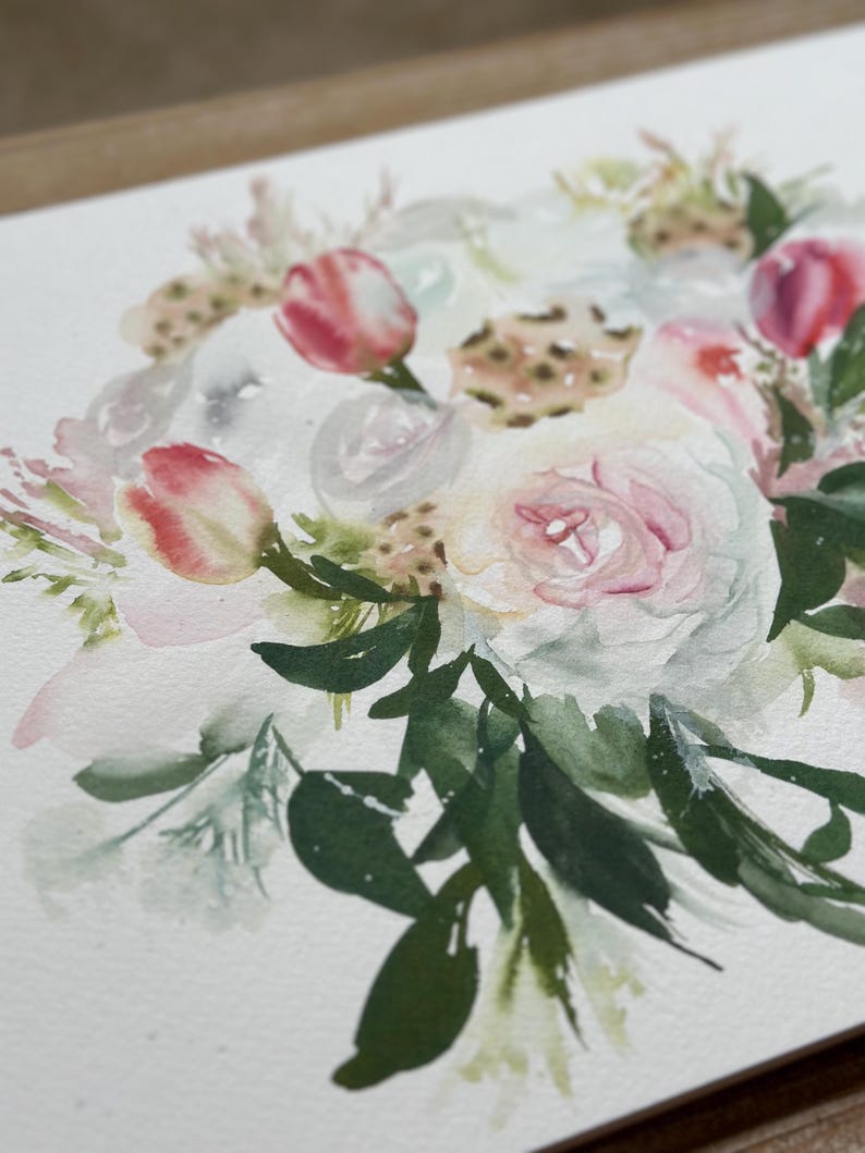 May include: A watercolor painting on white paper featuring a floral arrangement with soft pink and white rose-like blossoms, small red-tipped tulip buds, and various green leaves, rendered with fluid, blended brushstrokes and light washes.
