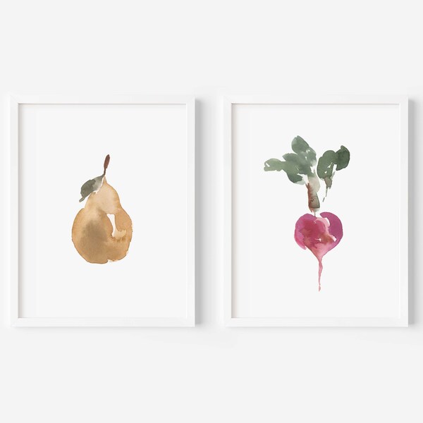 Kitchen Watercolor Prints, Fruit and Vegetable Art Set, Yellow Pear, Beet Painting, Food Illustration, Handmade Decor