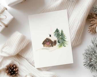Cozy Winter Cabin Watercolor Art | Christmas Card Design Printable | Tiny Cottage in Forest | DIY Greeting Card | 5x7 Digital Download