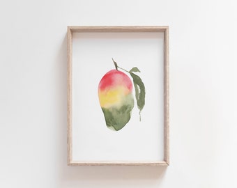 Colorful Mango Watercolor, Minimal Fruit Art, Mango Printable, Food Illustration