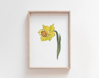Arte de acuarela de narciso, flor de nacimiento de marzo, pintura de junquillo amarillo, impresión de flor de narciso, regalo del mes de nacimiento, descarga digital