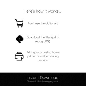 May include: A graphic showing how to purchase and download digital art. The graphic includes a shopping cart, a cloud with a download arrow, and a printer. The text reads "Here's how it works... Purchase the digital art Download the files (print-ready JPG) Print your art using home printer or online printing service Instant Download Files available following payment."