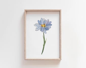May include: A framed watercolor painting of a single blue flower with a yellow center. The flower is depicted with a simple, delicate style.