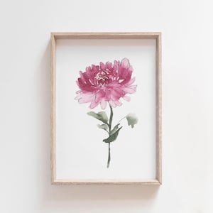 Aquarelle chrysanthème, impression de fleurs de naissance de novembre, peinture chrysanthème rose, cadeau pour le mois de naissance, téléchargement numérique