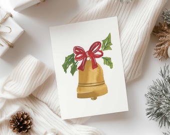 Golden Christmas Bell Watercolor Art | Christmas Card Design Printable | Christmas Bell with Bow | DIY Greeting Card | 5x7 Digital Download