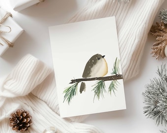 Snowy Bird Branch Watercolor Art | Christmas Card Design Printable | Bird on Winter Pine Branch | DIY Greeting Card | 5x7 Digital Download
