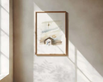 Simple Nativity Watercolor Art | Christmas Painting | Bethlehem Nativity Scene with Star | Christian Holiday Prints | Minimal Decor