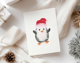 Santa Penguin Watercolor Art | Christmas Card Design Printable | Animal in Santa Hat | DIY Greeting Card | 5x7 Digital Download