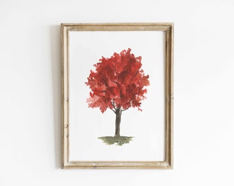 Red Maple Tree Watercolor, Autumn Wall Art, Fall Prints, October Tree Painting