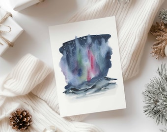 Northern Lights Watercolor Art | Christmas Card Design Printable | Aurora Borealis Mountain Scene | DIY Greeting Card | 5x7 Digital Download