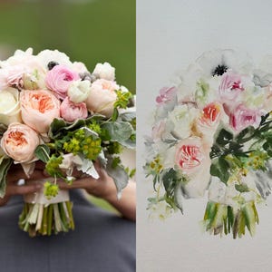 May include: A side-by-side comparison of a floral bouquet and its watercolor painting. The bouquet features white, blush, and peach roses, green foliage, and grey dusty miller leaves. The painting captures these flowers in soft, blended colors.