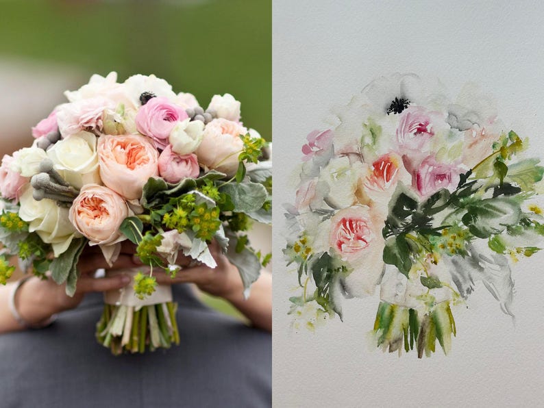 May include: A side-by-side comparison of a floral bouquet and its watercolor painting. The bouquet features white, blush, and peach roses, green foliage, and grey dusty miller leaves. The painting captures these flowers in soft, blended colors.