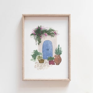 Blaue Tür Aquarell Illustration, alte griechische Tür, Malerei im europäischen Stil, rustikale Holztür Druck