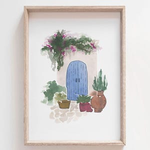 Blue Door Watercolor Illustration, Old Greek Door, European Style Painting, Rustic Wood Door Print