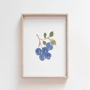 Blueberry Branch Watercolor, Minimal Kitchen Art, Simple Fruit Print, Blueberry Painting, Food Illustration