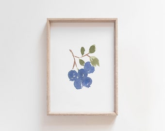 Blueberry Branch Watercolor, Minimal Kitchen Art, Simple Fruit Print, Blueberry Painting, Food Illustration