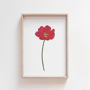 May include: A framed print of a single red flower with a green stem. The flower is drawn in a simple, minimalist style.