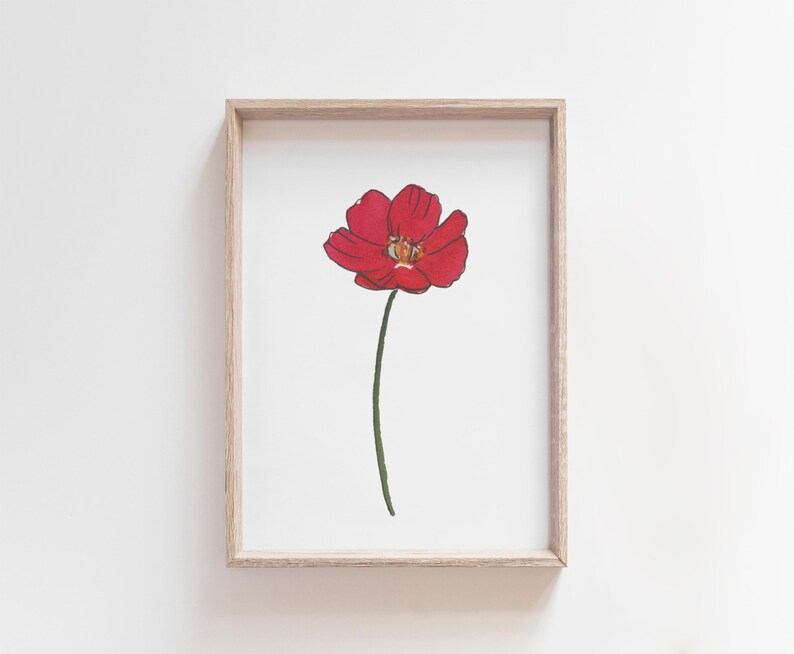 May include: A framed print of a single red flower with a green stem. The flower is drawn in a simple, minimalist style.