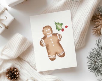 Gingerbread Man Watercolor Art | Christmas Card Design Printable | Cute Gingerbread Cookie | DIY Greeting Card | 5x7 Digital Download
