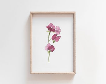Sweet Pea Watercolor Art, April Birth Flower Print, Pink Sweet Pea Painting, Birth Month Gift, Digital Download