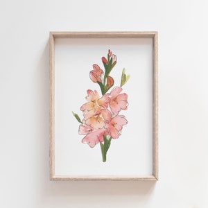 Gladiolus Watercolor Art, August Birth Flower Print, Coral Gladiolus Painting, Birth Month Gift, Digital Download