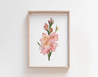 Gladiolus akvarellkonst, blomtryck av augusti, målning av korallgladioler, present till födelsemånad, digital nedladdning