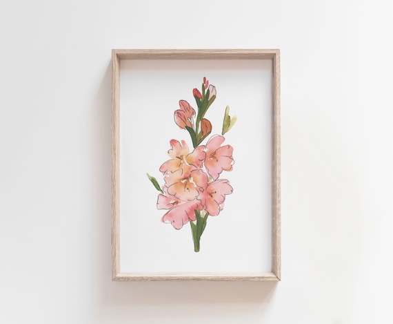 Gladiolus Watercolor Art, August Birth Flower Print, Coral Gladiolus Painting, Birth Month Gift, Digital Download