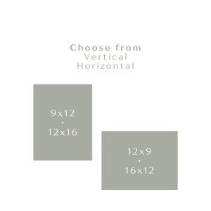 May include: A graphic display showing orientation options with the text Choose from Vertical Horizontal. Two gray rectangles are shown, one vertical with 9x12 and 12x16 inches, and one horizontal with 12x9 and 16x12 inches listed in white text.