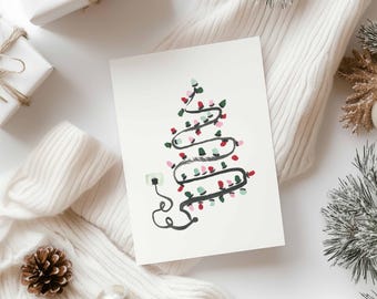 String Lights Christmas Tree Watercolor Art | Christmas Card Design Printable | Holiday Tree Lights | DIY Greeting Card | 5x7 Digital Downlo